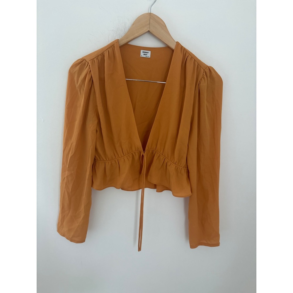 Sunday Best Aritzia Ochre Orange Cropped V-Neck Puff Sleeve Peplum Blouse Size S